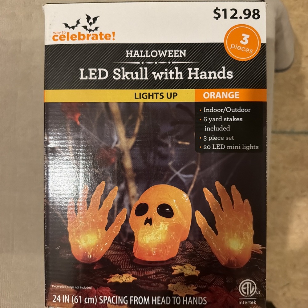 Celebrate! Halloween Light Up Skull With Hands Orange Indoor Outdoor Decor 3 pc